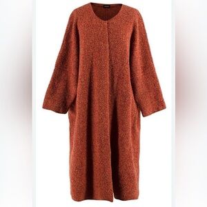 Eskandar Boucle Wool Cashmere Longer Length Cardigan OSFM Orange Handloomed